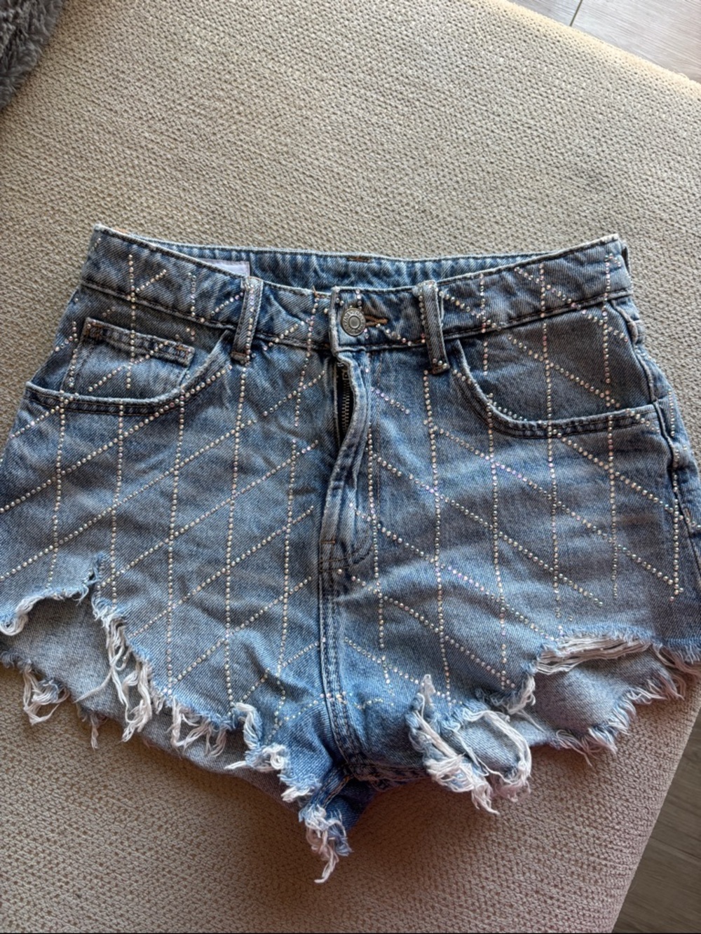 Rhinestone Distressed Blue Denim Women's Shorts